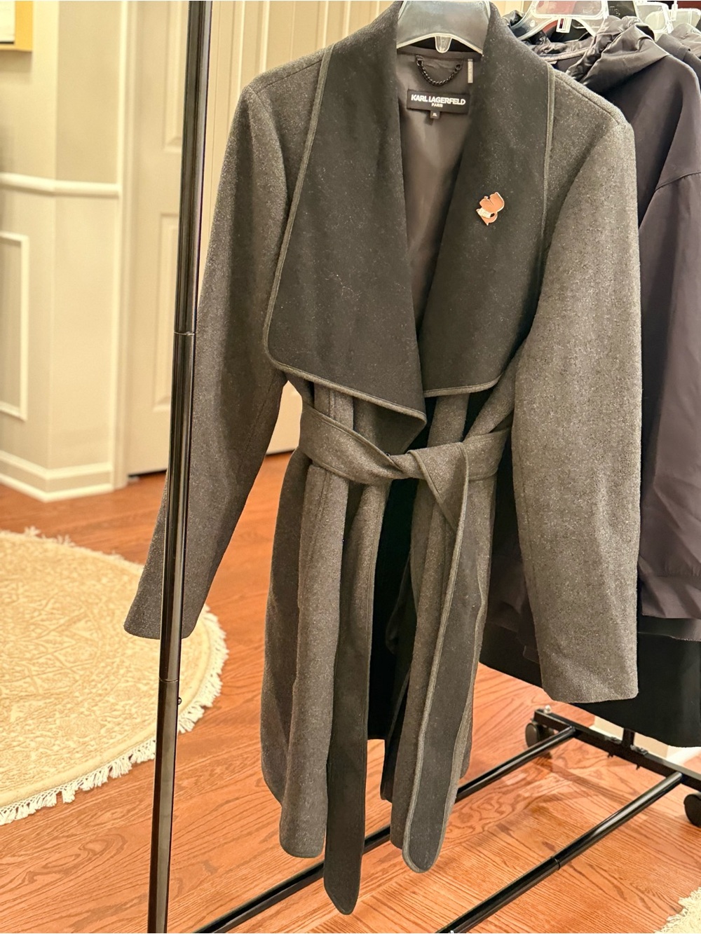 Karl Lagerfeld Charcoal Wrap Pea Coat with Tie Belt